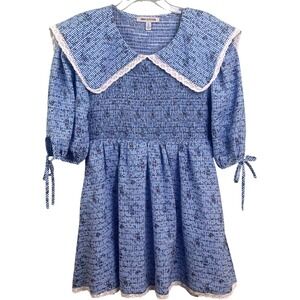 Urban Outfitters Marseille Blue White Gingham Smocked Babydoll Mini Dress Large